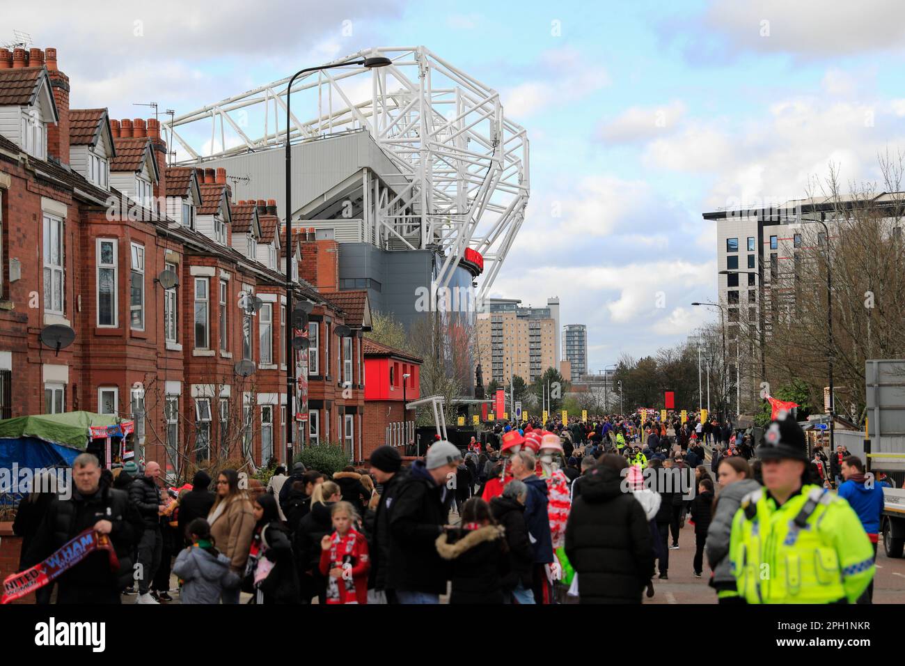 Fans gather on Sir Matt Busby Way ahead of the FA Women's Super League match Manchester United Women vs West Ham United Women at Old Trafford, Manchester, United Kingdom, 25th March 2023  (Photo by Conor Molloy/News Images) Stock Photo