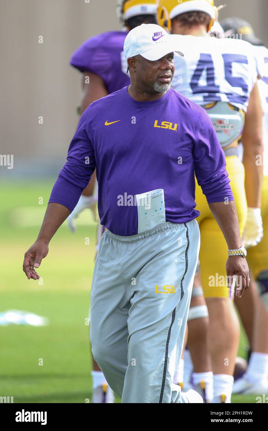March 25, 2023 LSU running back coach Frank Wilson coaches a drill