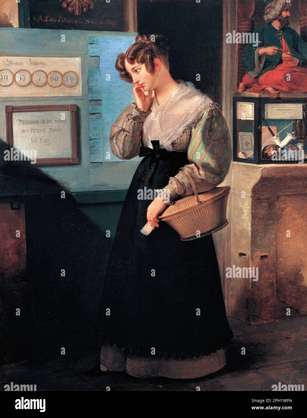 Girl in Front of the Lottery Vault by the Austrian artist, Peter Fendi ( 1796-1842), oil on canvas, 1829 Stock Photo