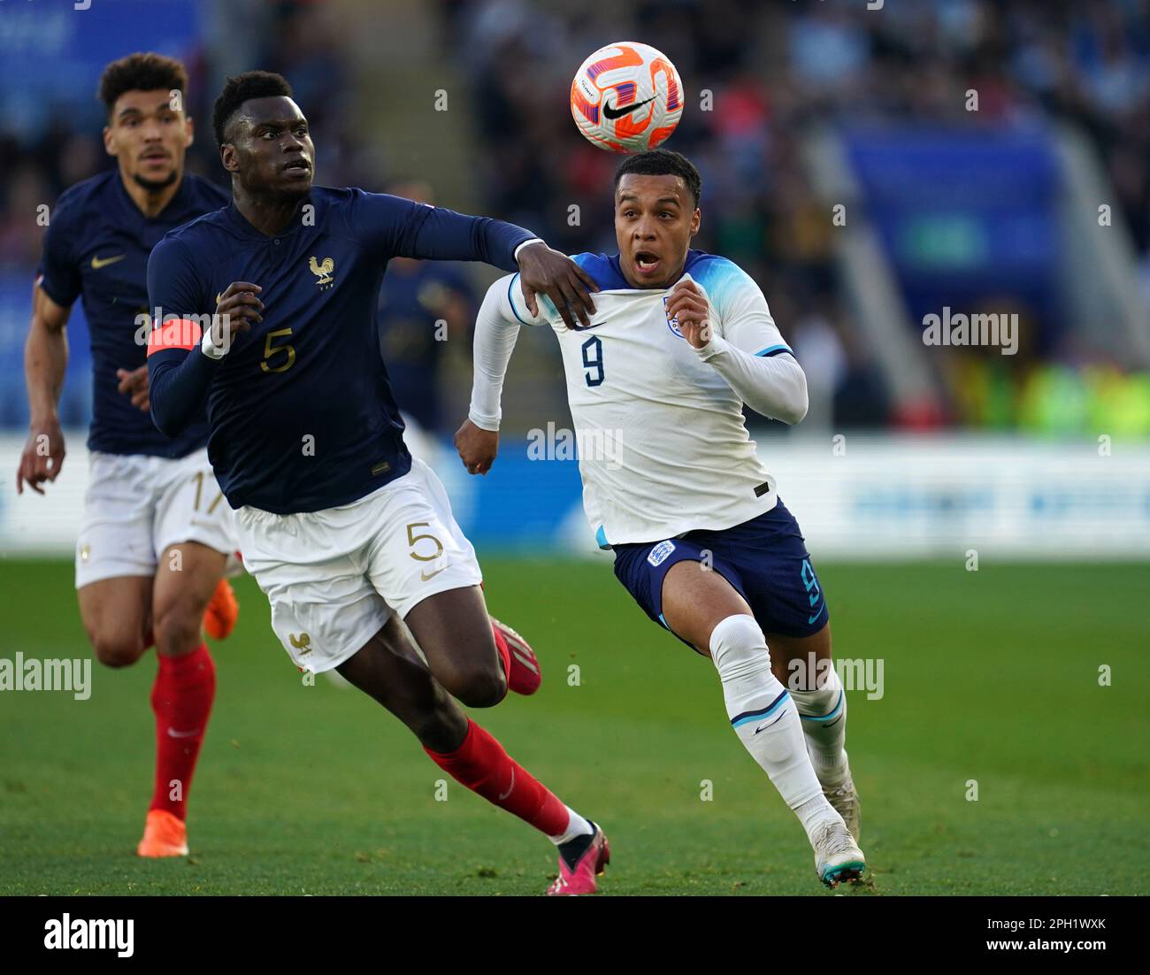 France's Benoit Badiashile (left) and England's Cameron Archer battle for  the ball during the Under-21 International Friendly match at the King Power  Stadium, Leicester. Picture date: Saturday March 25, 2023 Stock Photo -  Alamy