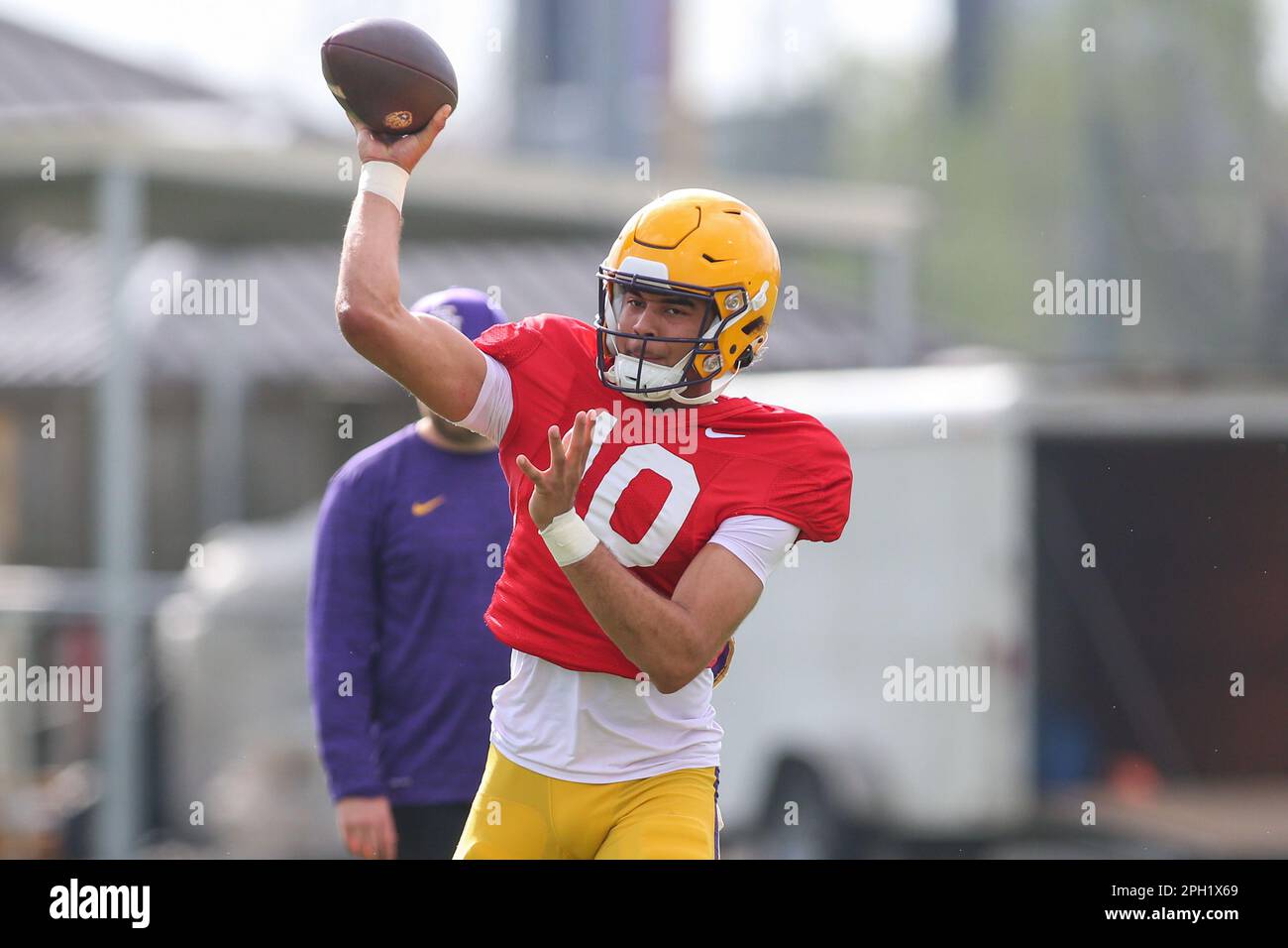 Baton Rouge, USA. 25th Mar, 2023. March 25, 2023: LSU quarterback Jayden  Daniels (5) makes a throw during Spring football practice at Tiger Stadium  in Baton Rouge, LA. Jonathan Mailhes/CSM/Sipa USA(Credit Image: ©