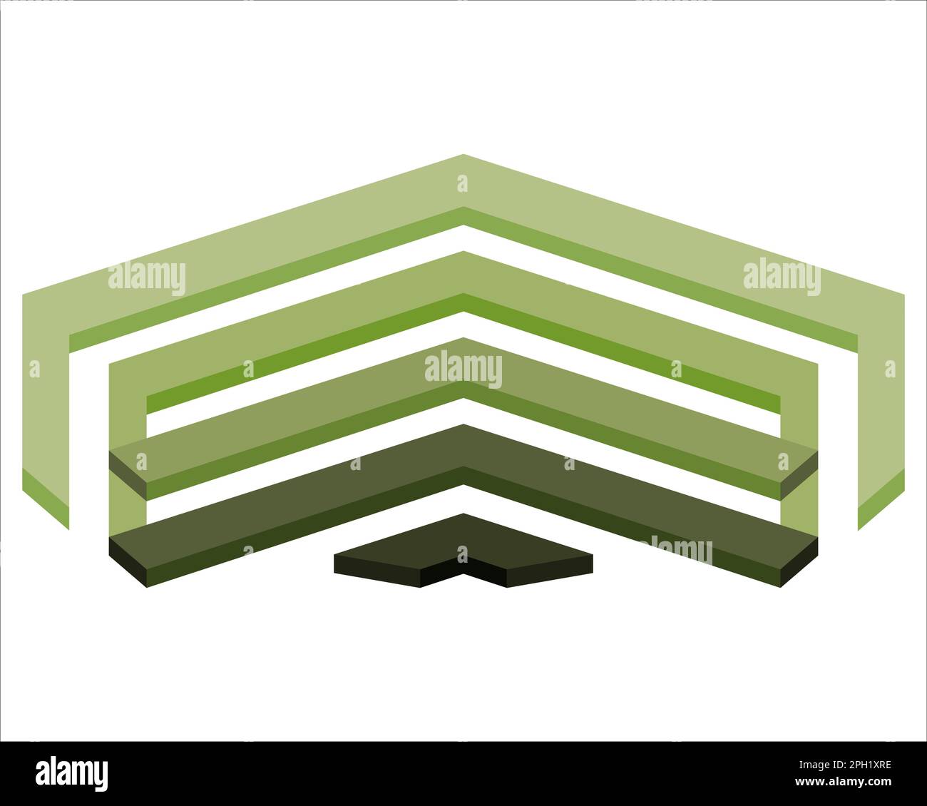 Green military ranks on chevron. Army soldier shoulder stripes. Colorful vector illustration isolated on white background. Stock Vector