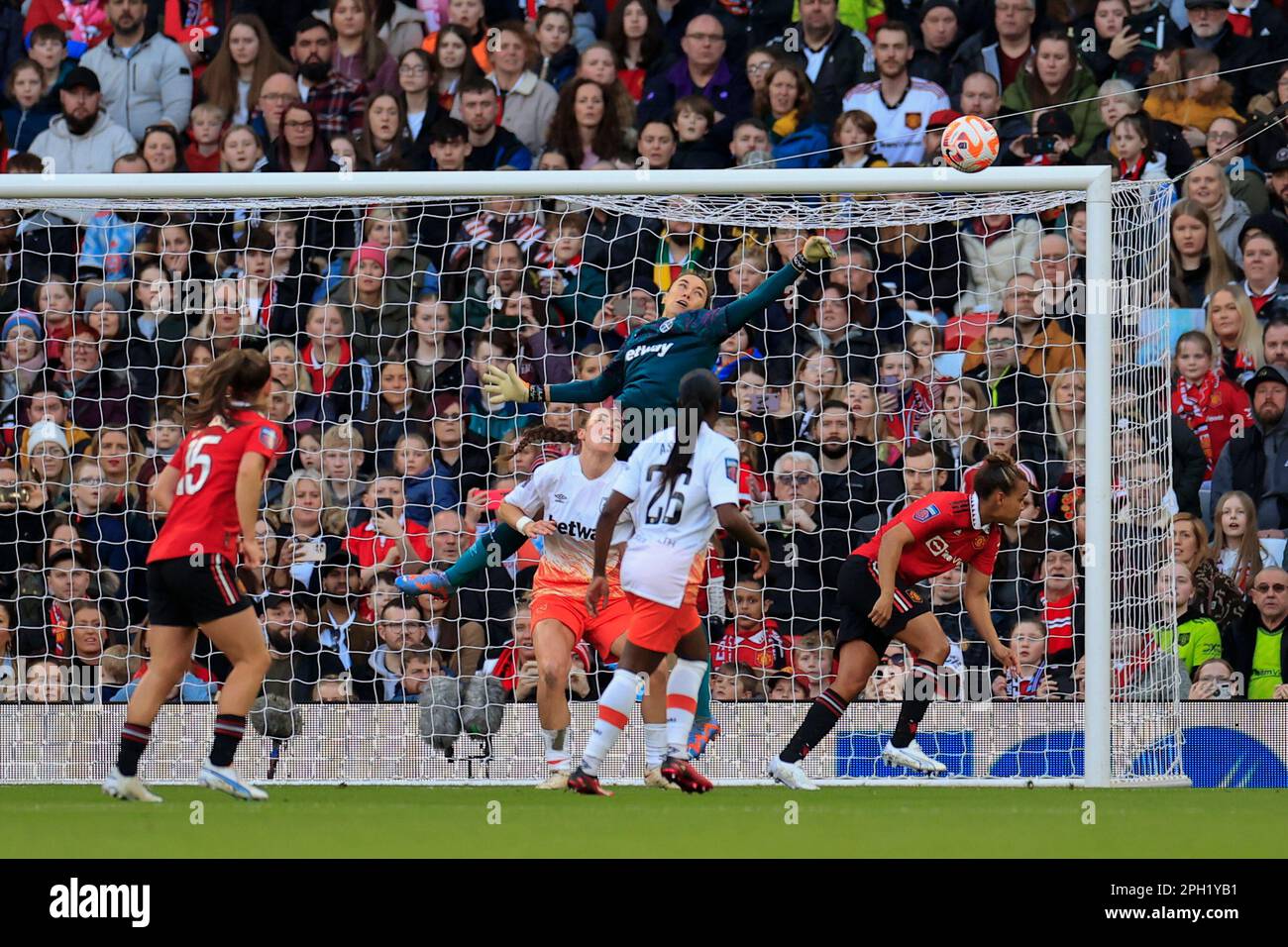 Manchester, UK. 25th Mar, 2023. Mackenzie Arnold #1 of West Ham United makes a save during the FA Women's Super League match Manchester United Women vs West Ham United Women at Old Trafford, Manchester, United Kingdom, 25th March 2023 (Photo by Conor Molloy/News Images) in Manchester, United Kingdom on 3/25/2023. (Photo by Conor Molloy/News Images/Sipa USA) Credit: Sipa USA/Alamy Live News Stock Photo