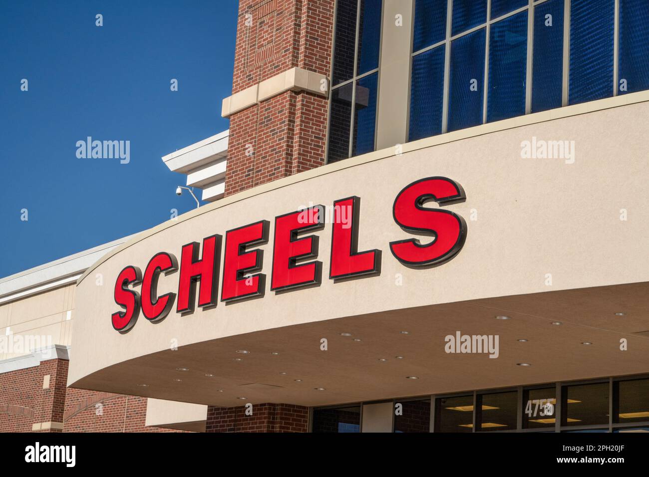 Johnstown, CO, USA March 18, 2023 Facade sign of Scheels, store