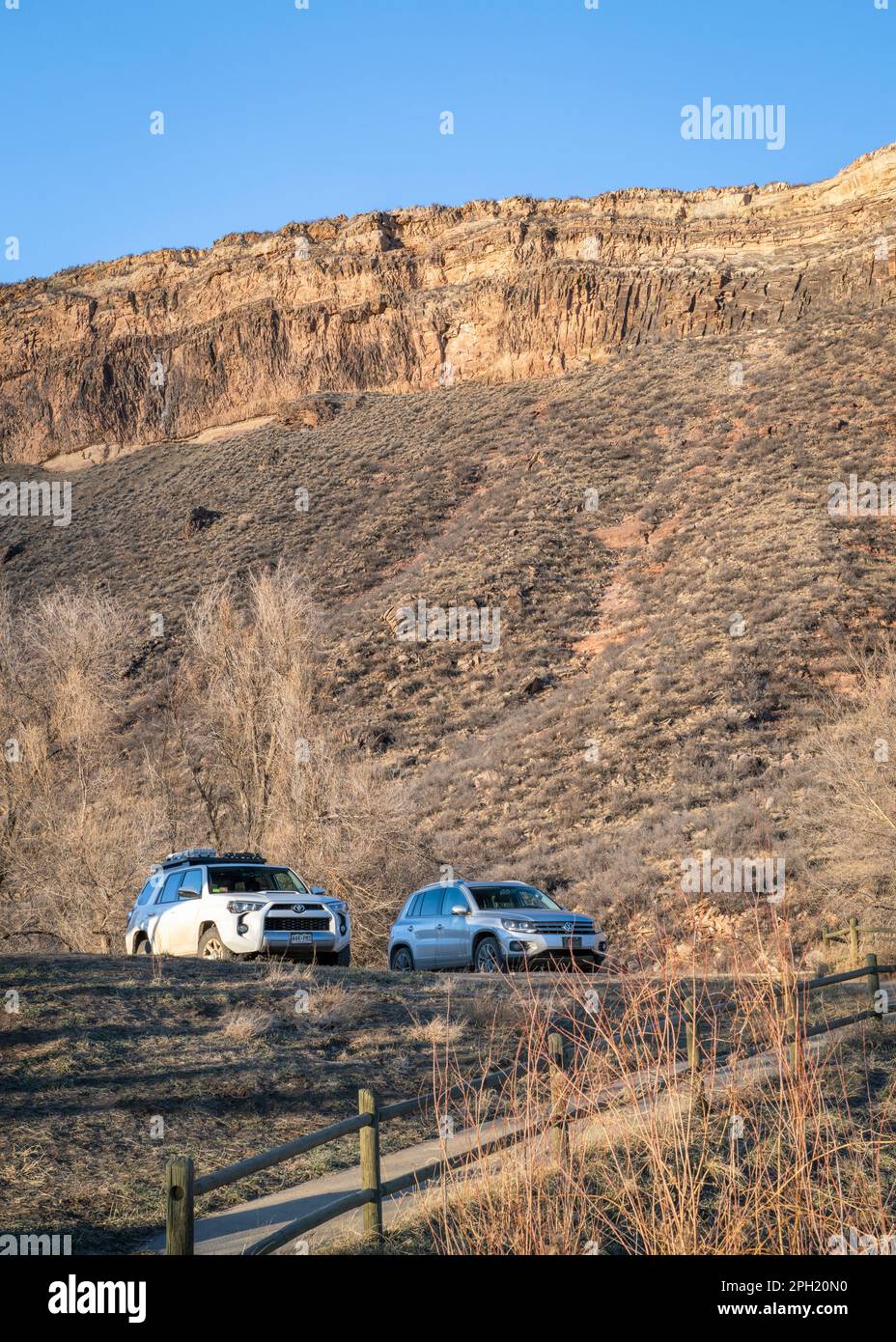 Fort Collins, CO, USA - March 16, 2023: Cars parking at Watson Lake State Wilderness Area, a popular walking and fishing spot near Fort Collins, Color Stock Photo