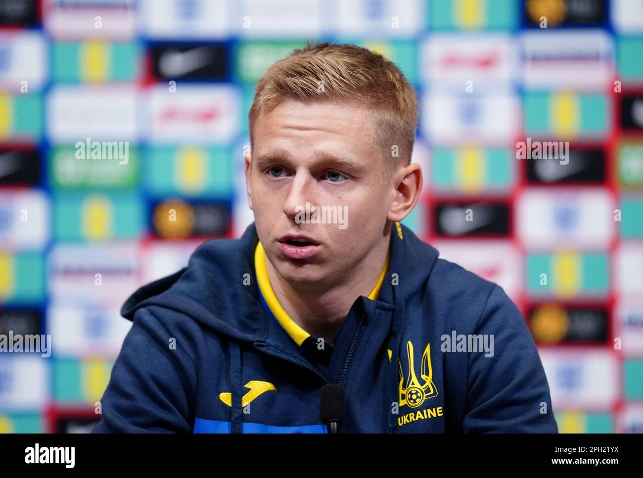 Ukraine's Oleksandr Zinchenko during a press conference at Wembley Stadium, London. Picture date