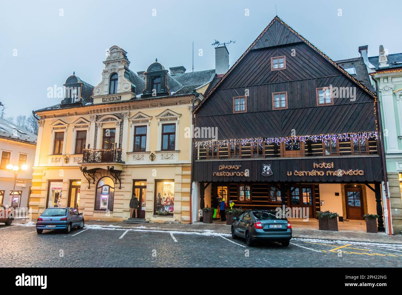 JABLONNE NAD ORLICI, CZECHIA - DECEMBER 28, 2021: Houses on Namesti 5. kvetna square in Jablonne nad Orlici, Czech Republic Stock Photo