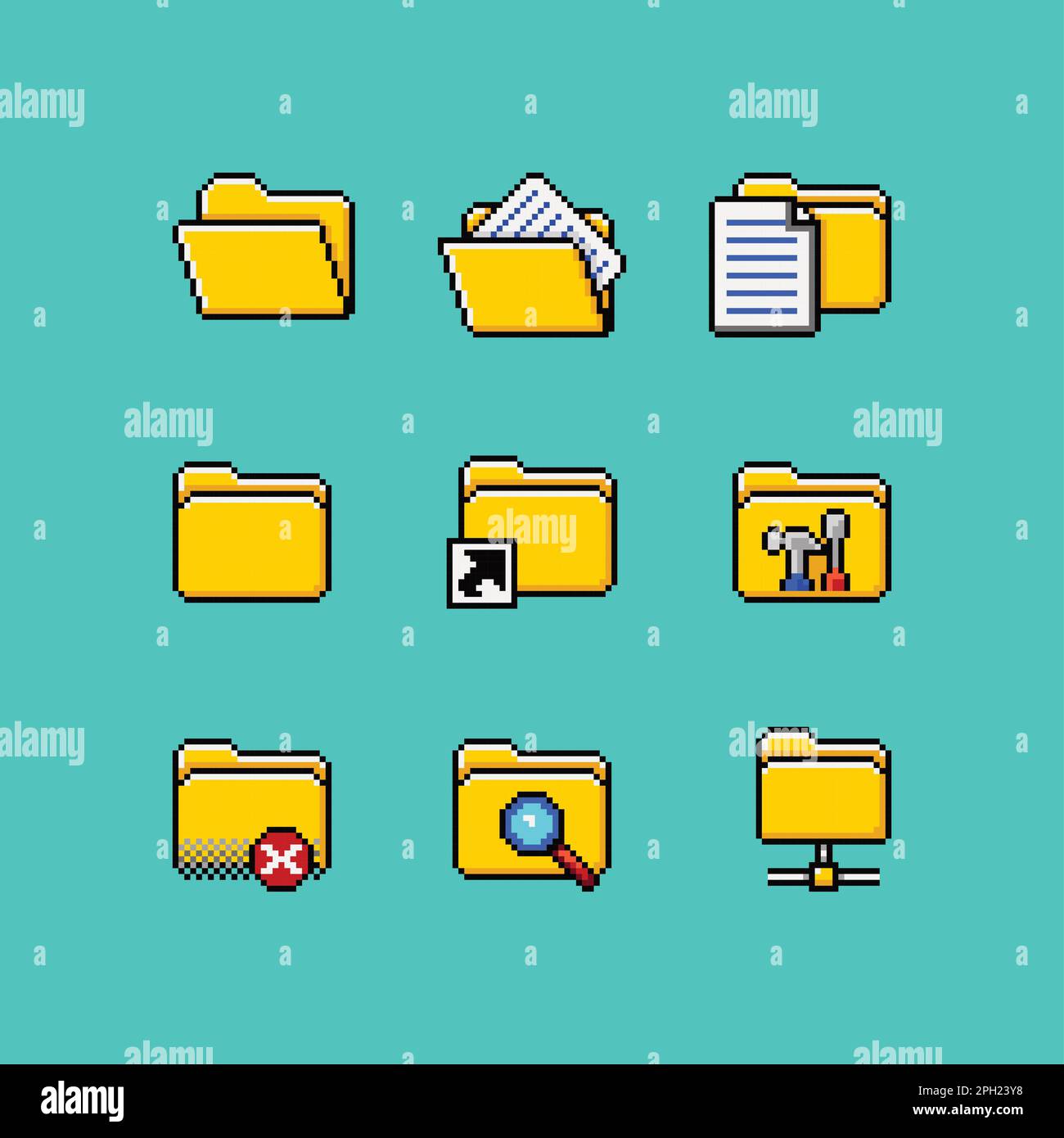 Vector pixel art retro computer PC user interface icon set. directory filesystem folder, document, tools, search, network storage. 8 bit icon asset Stock Vector