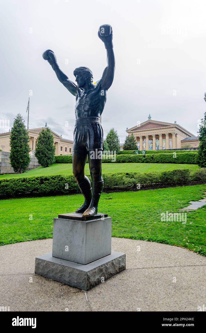 PHILADELPHIA - CIRCA MAY 2013: The Rocky Statue in Philadelphia, USA, circa May 2013. Originally created for the movie Rocky III, the sculpture is now Stock Photo