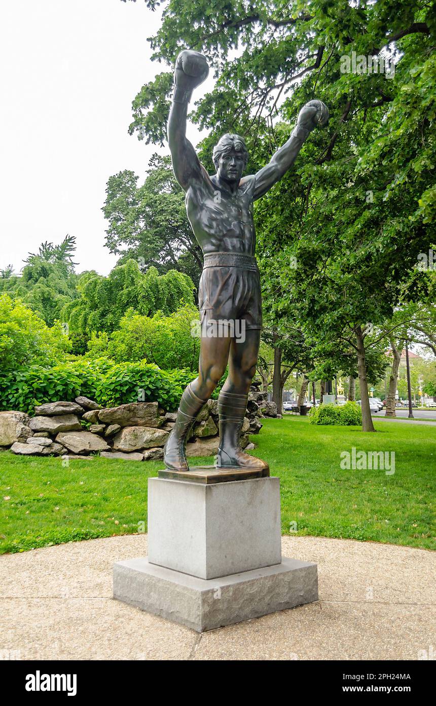 PHILADELPHIA - CIRCA MAY 2013: The Rocky Statue in Philadelphia, USA, circa May 2013. Originally created for the movie Rocky III, the sculpture is now Stock Photo