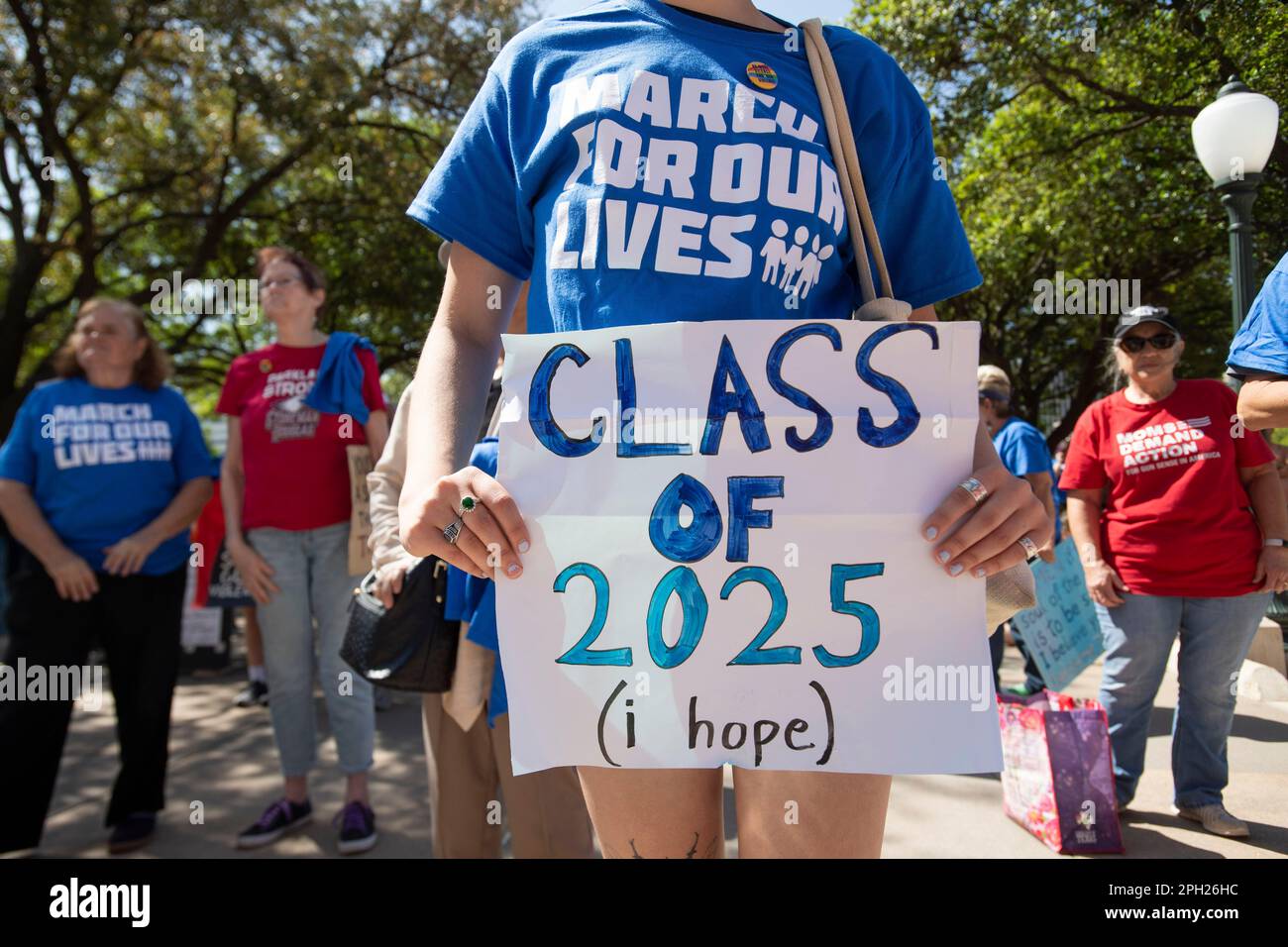 Austin, Texas, USA. 25th Mar, 2023. College student AMELIA VALENCIA of Austin stands at the south steps of the Capitol Saturday, March 26th at the 5th anniversary of March for Our Lives honoring victims in The Margery Stoneman Douglas high school mass shooting that occurred Feb. 14, 2018. Families of the 2022 Uvalde, Texas school shooting spoke against readily available 'weapons of war' such as AR-15 automatic rifles. Credit: Bob Daemmrich/Alamy Live News Stock Photo
