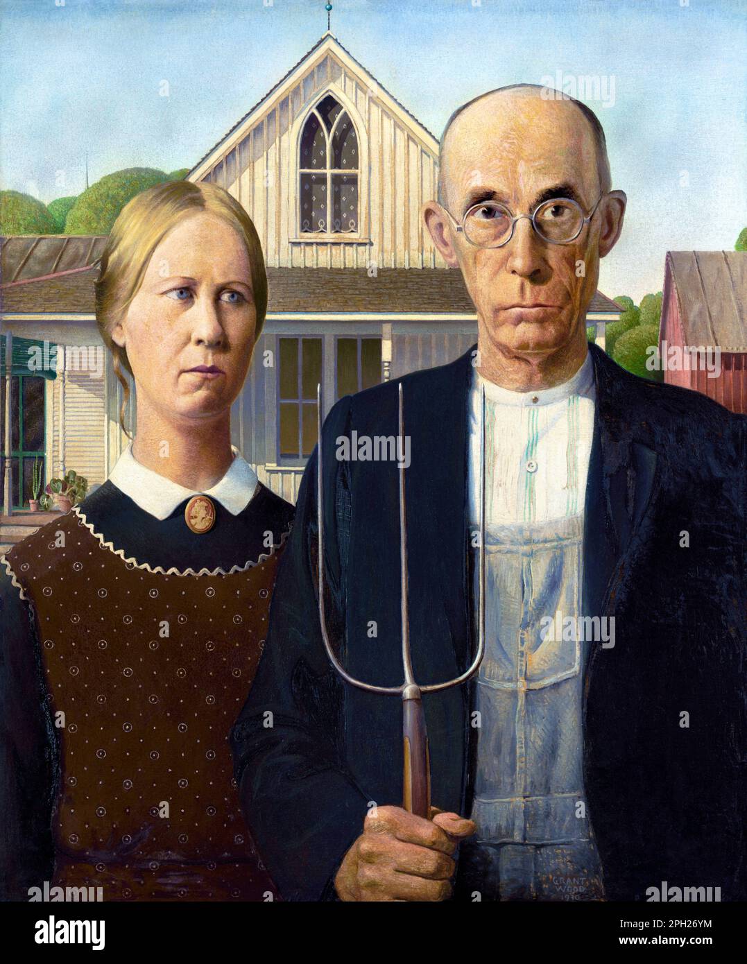 Grant Wood's American Gothic (1930) famous painting. Stock Photo