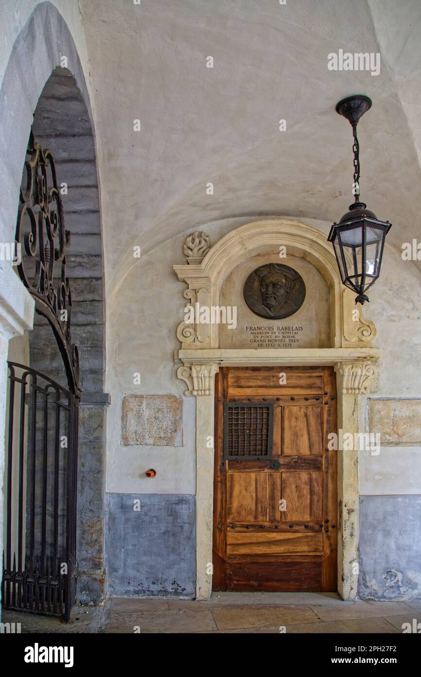 LYON, FRANCE, March 12, 2023 : The cloister of ancient hospital Hotel-Dieu, now renewed as a commercial and art center. Stock Photo