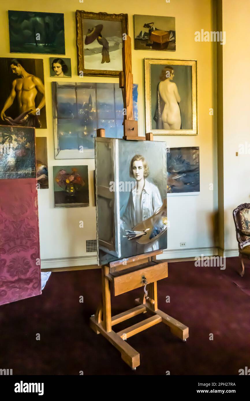 Huguette Clark's art studio with a self portrait of Huguette inside Bellosguardo, the Clark Mansion, in Santa Barbara. Stock Photo