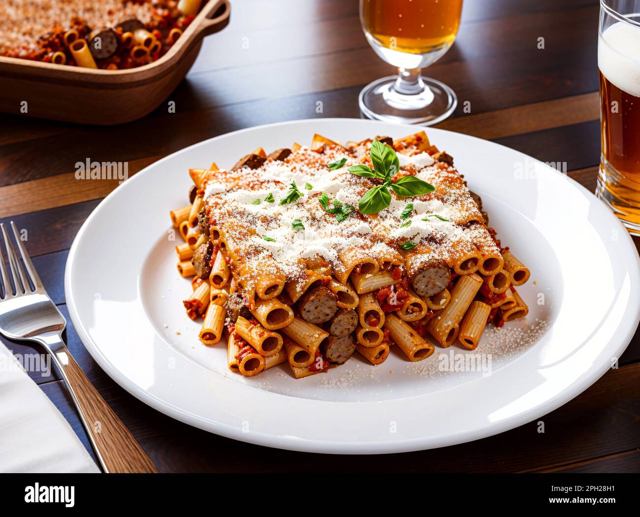 Ziti pasta baked with tomato sauce, Italian sausage, and melted