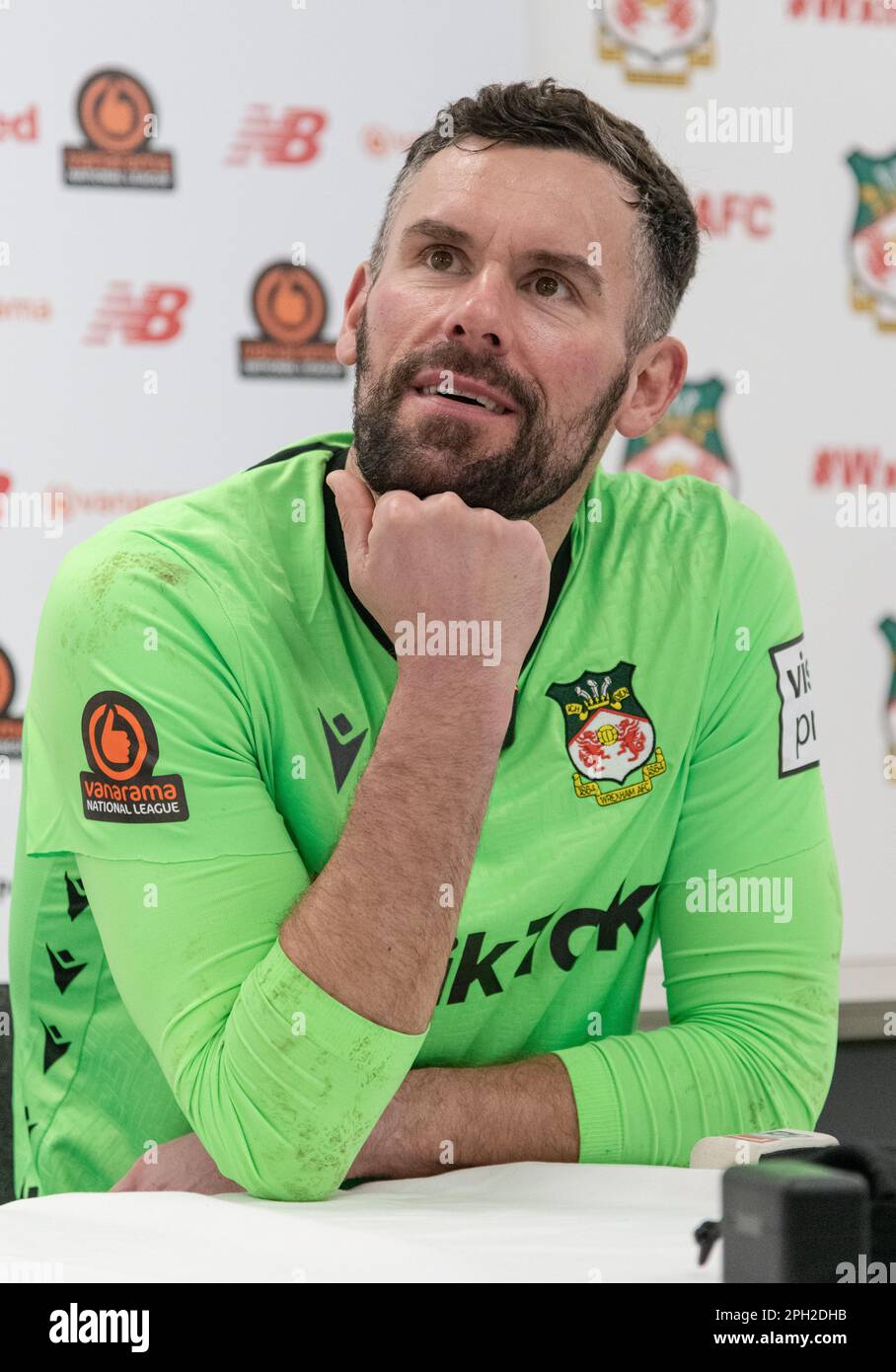 Wrexham, Wrexham County Borough, Wales. 25th March 2023. New Wrexham  signing Ben Foster post match interview, during Wrexham Association Football  Club V York City Football Club at The Racecourse Ground, in in