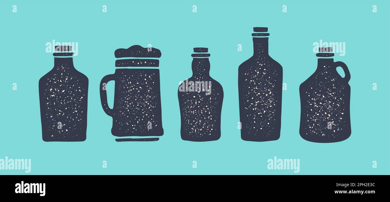 Set of bottle. Collection bottles for vodka, gin, bourbon, silhouette