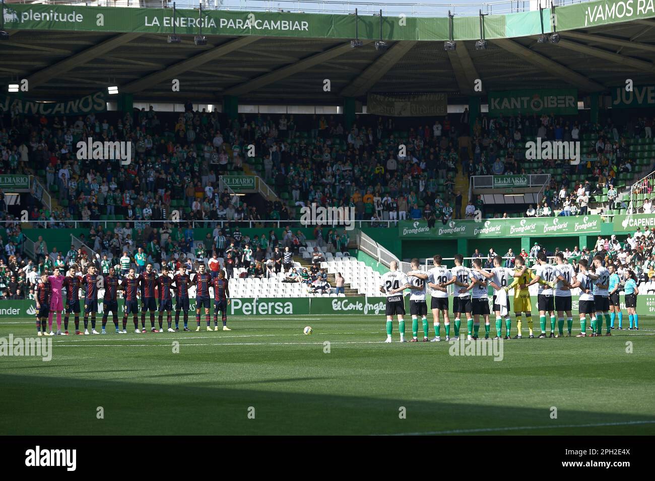 Players of the two teams prior to the minute of silence during the La Liga SmartBank match between Real Racing Club and Levante UD at El Sardinero Sta Stock Photo
