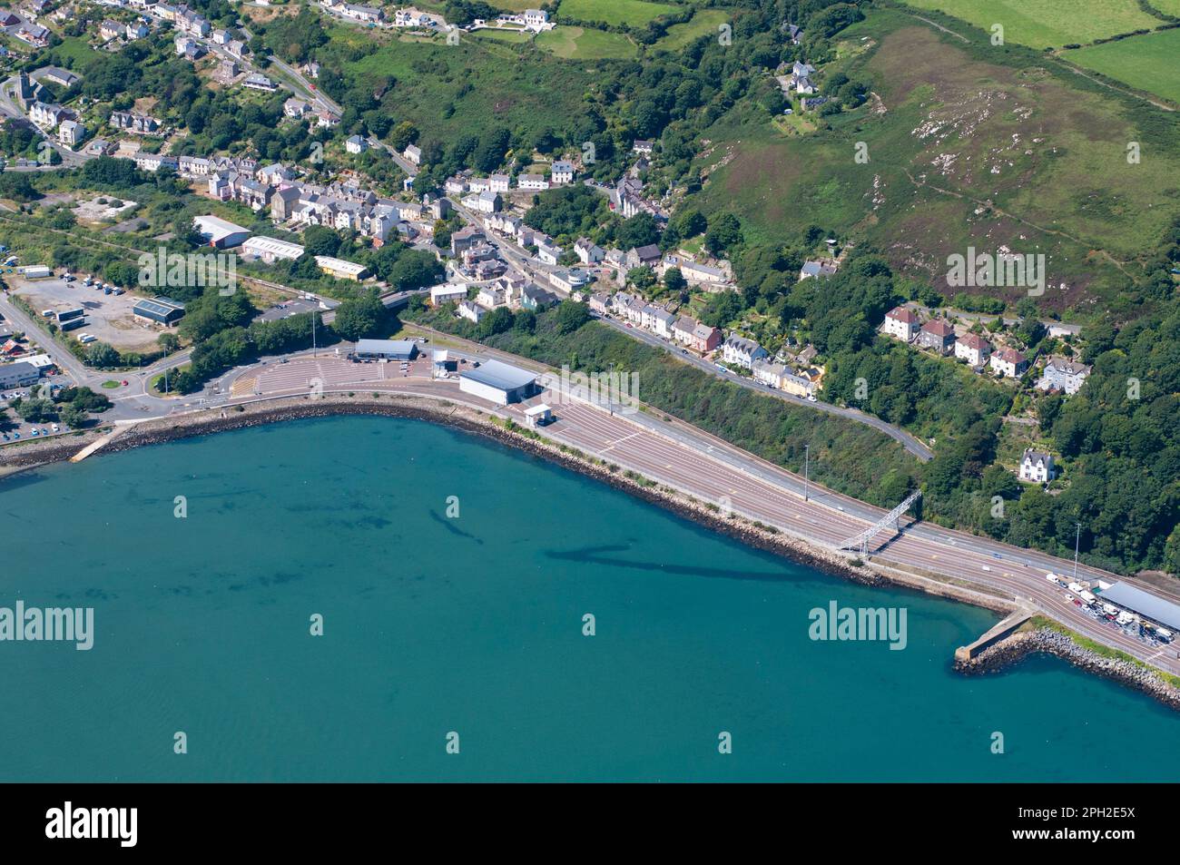Aerial views over Fishguard Harbour, Pembrokeshire, West Wales Stock Photo