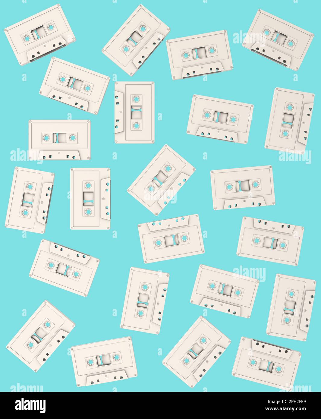 Abstract image of cassettes floating randomly in space. Retro minimalism from the 80s and 90s. Ideal for lovers of old school music, and enthusiasts o Stock Photo