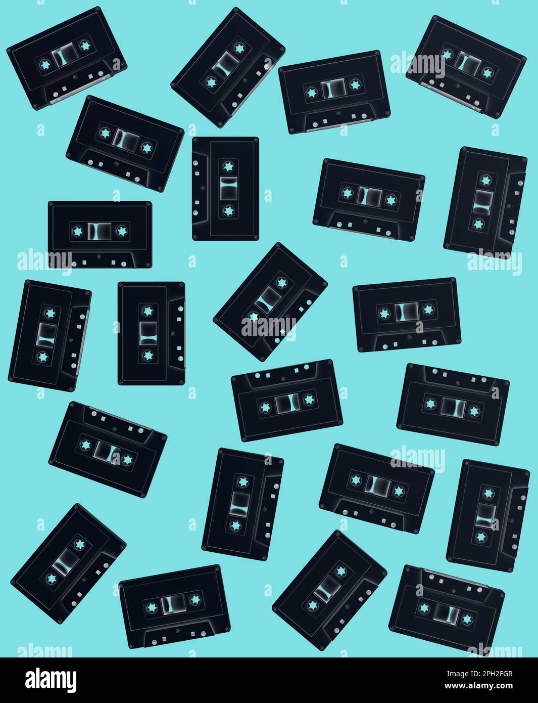 Abstract image of cassettes floating randomly in space. Retro minimalism from the 80s and 90s. Ideal for lovers of old school music, and enthusiasts o Stock Photo