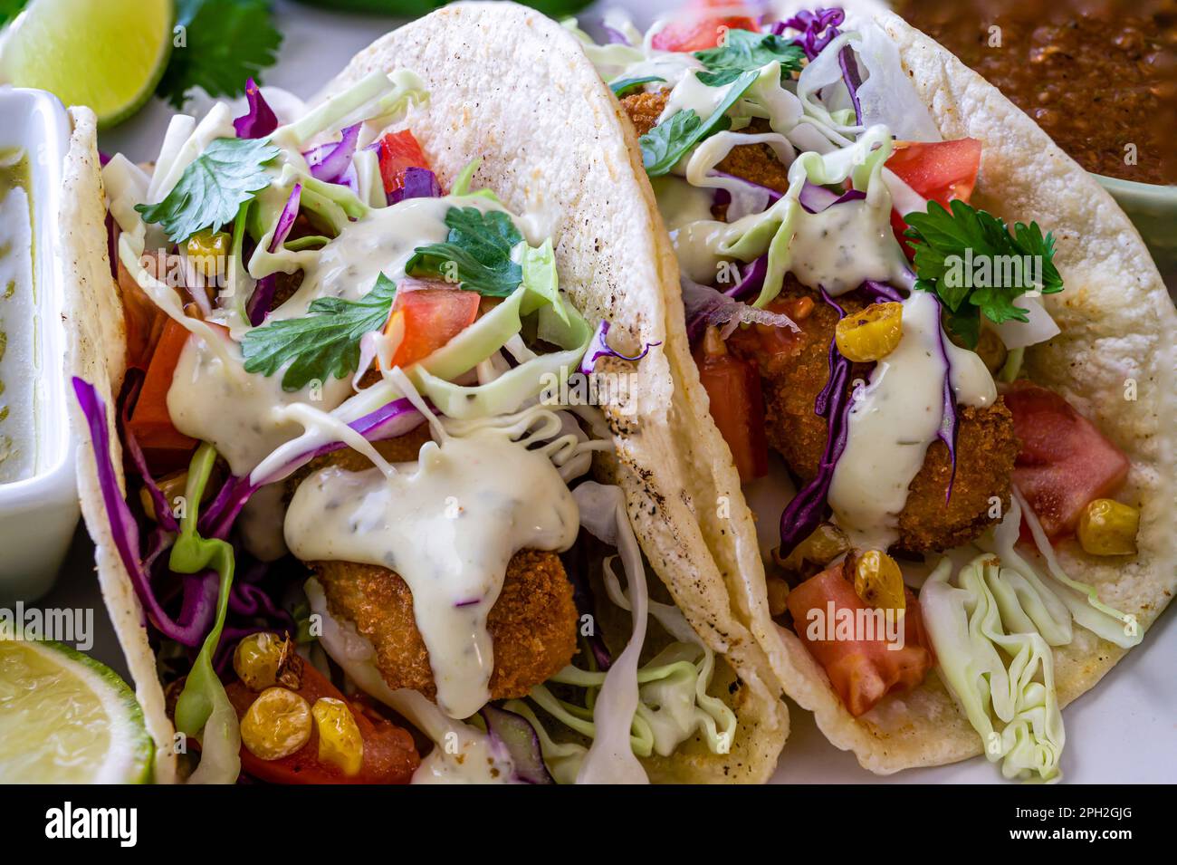 Fried fish tacos on soft flour tortilla. Extreme close up Stock Photo