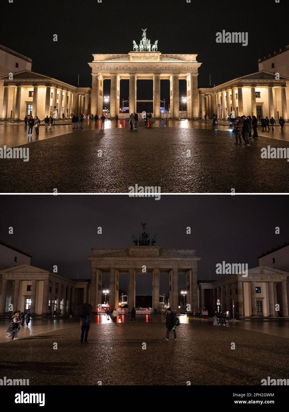 Berlin, International. 25th Mar, 2023. KOMBO - The lighting of the Brandenburg Gate is still switched on shortly before the start of the 'Earth Hour' campaign (above) and then switched off (below). With the 'Earth Hour', the environmental protection organization World Wide Fund For Nature (WWF) wants to set an example for climate and environmental protection. Numerous cities around the world are taking part in the campaign and switching off the lights at landmarks for an hour. Credit: Christophe Gateau/dpa/Alamy Live News Stock Photo
