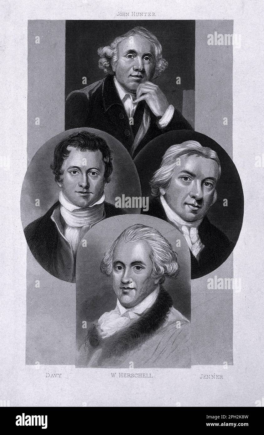 John Hunter - Scottish surgeon and scientist, Edward Jenner - inventor of the smallpox vaccine, William Herschel - astronomer and composer, Sir Humphry Davy - inventor of the Davy Lamp and chemist, vintage illustration from 1823 Stock Photo