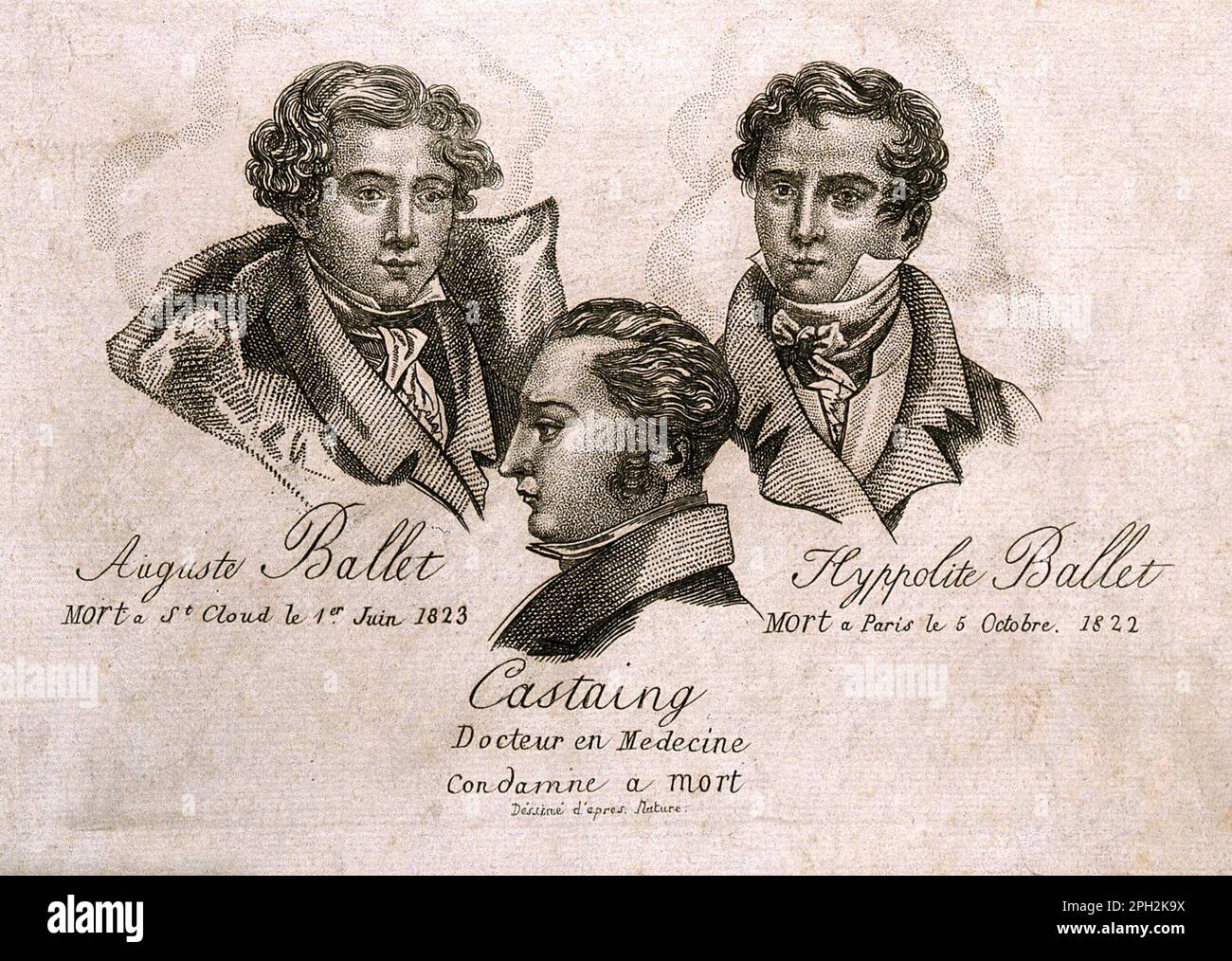Edme-Samuel Castaing, 1796 – 1823, was a French physician and is thought to have been the first person to use morphine to commit murder of two brothers Hyppolite Ballet and Auguste Ballet, vintage engraving from 1823 Stock Photo