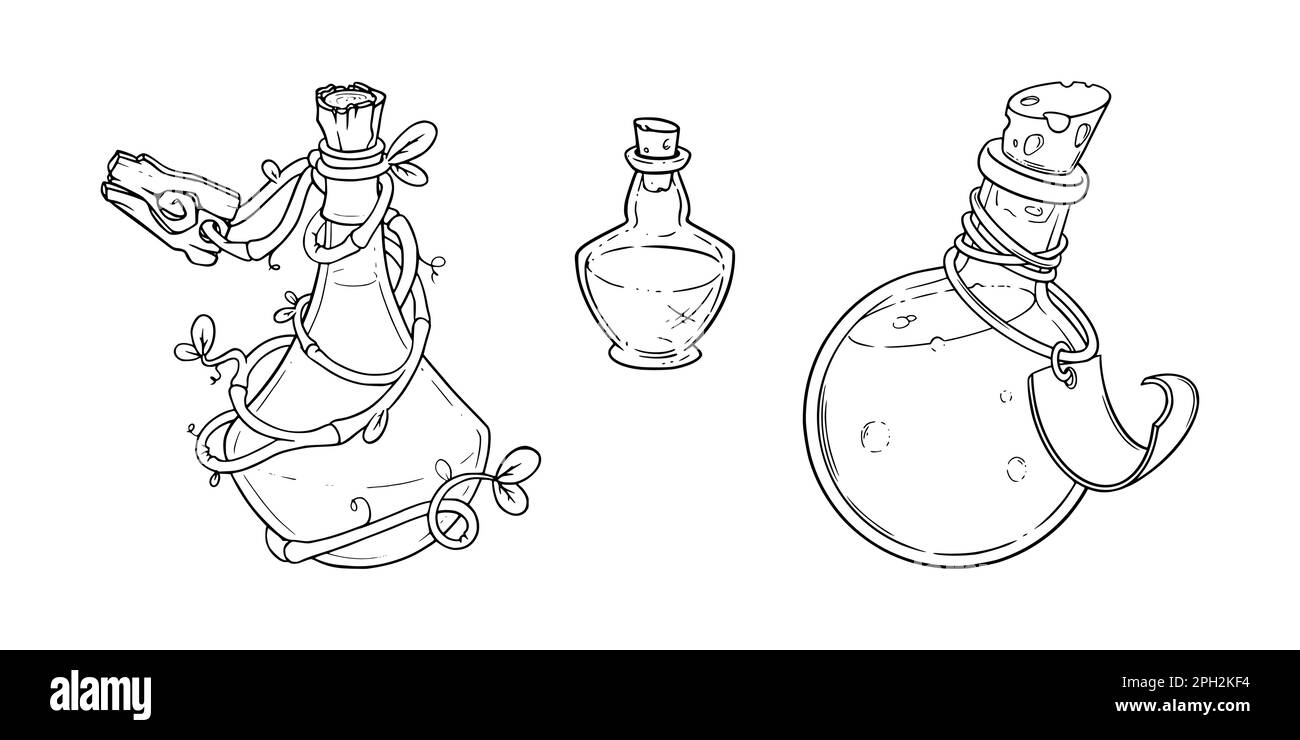 Potion bottles with magic poison. Alchemist bottles with tags. Sketch vector illustration isolated in white background Stock Vector