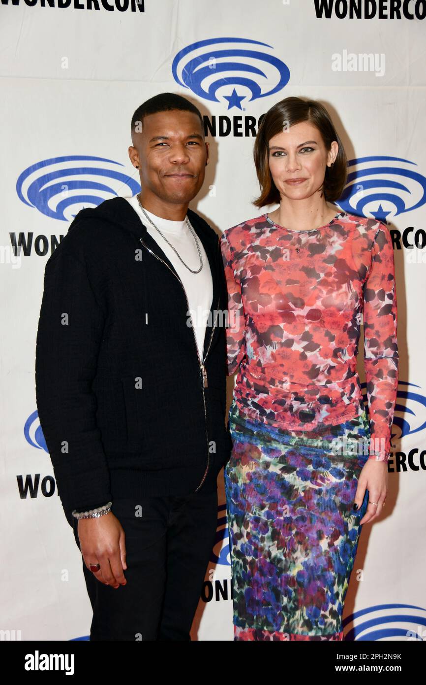 Lauren Cohan and Gauis Charles arrive at The Walking Dead: Dead City photocall at WonderCon Day 2 2023 at the Anaheim Convention Center on March 25 Stock Photo