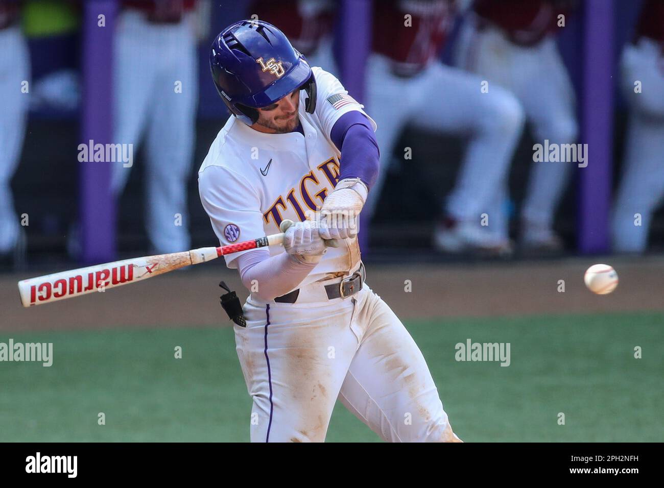 Baton Rouge, LA, USA. 25th Mar, 2023. LSU's Dylan Crews (3) delivers a