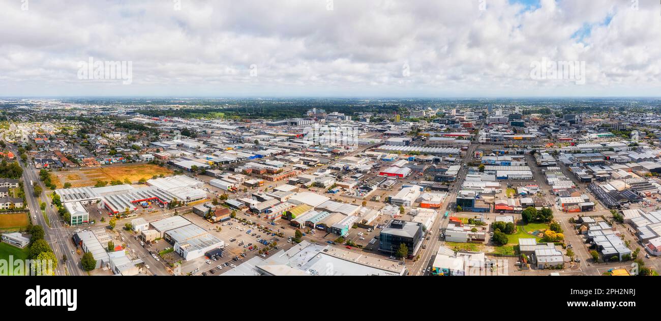 Aerial cityscape panorama of Christchurch city downtown from Sydenham