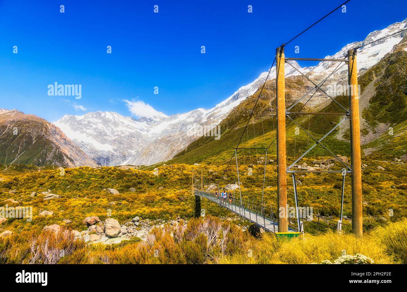 Suspension bridge on a scenic walking track across Tasman river stream