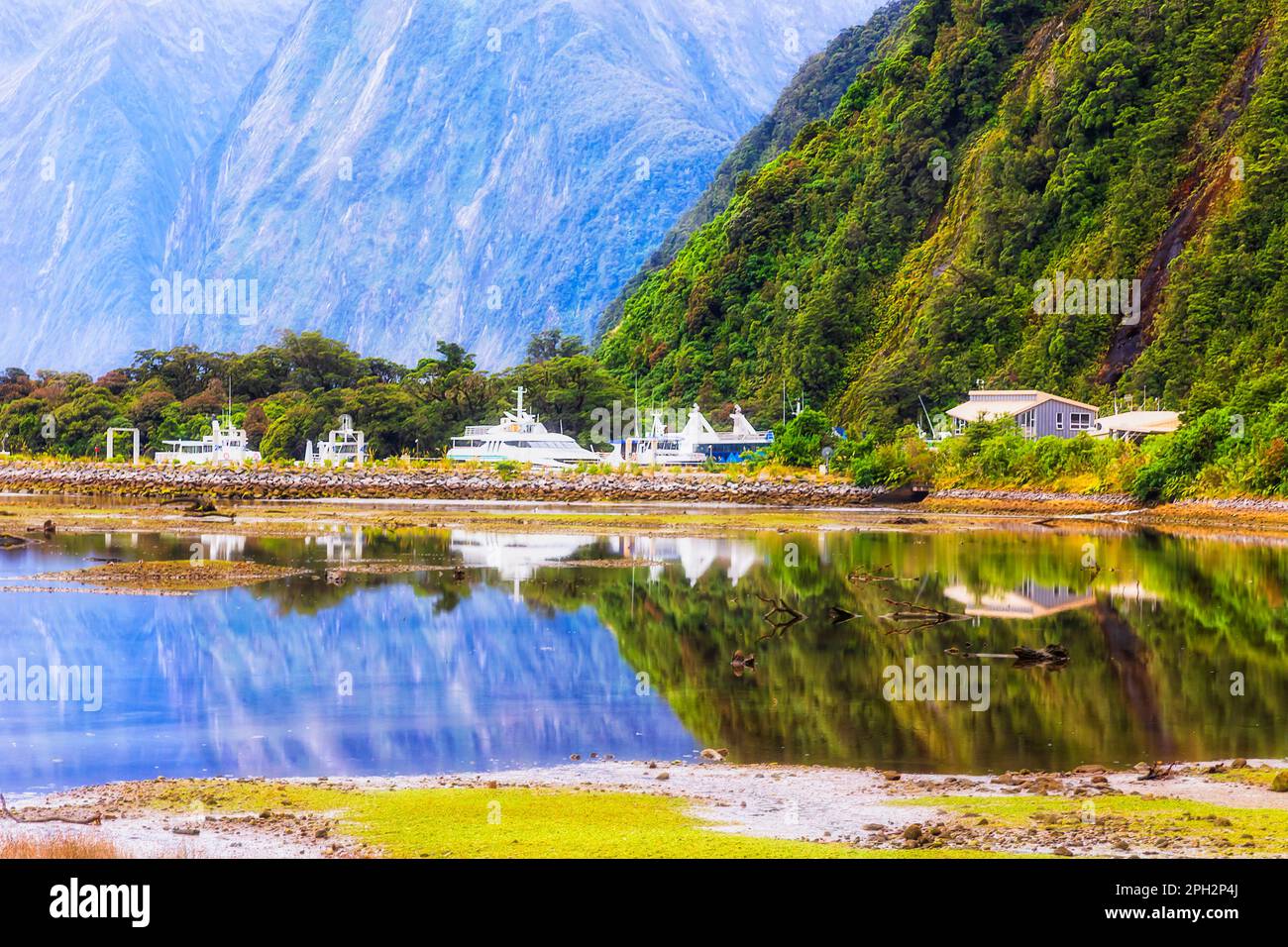 Milford Sound town and fjord in South Island of New Zealand - wharf and pier with cruise ships terminal. Stock Photo