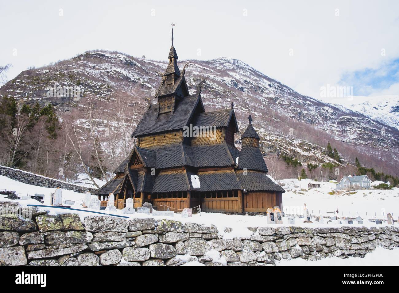 Borgund Stave Church during winter. Stock Photo