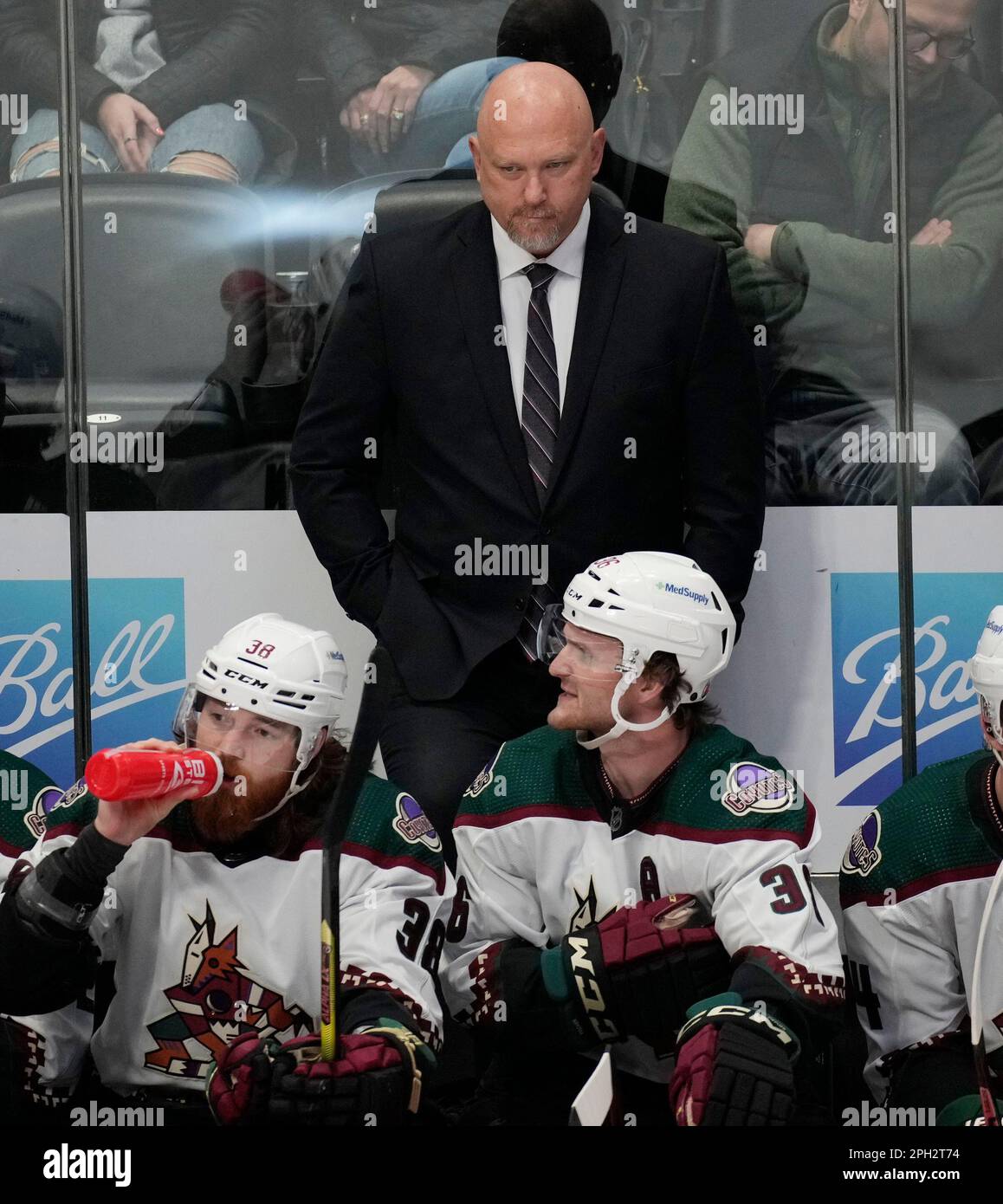 Arizona Coyotes head coach Andre Tourigny ()in the third period of