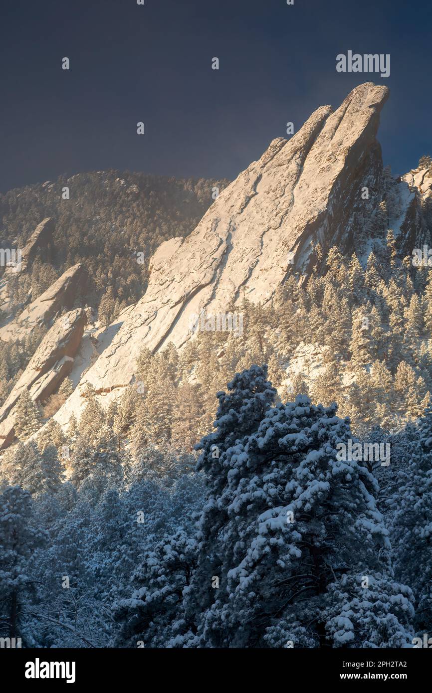 Flatirons covered in snow, Boulder Open Space and Mountain Park, Boulder, Colorado USA Stock Photo