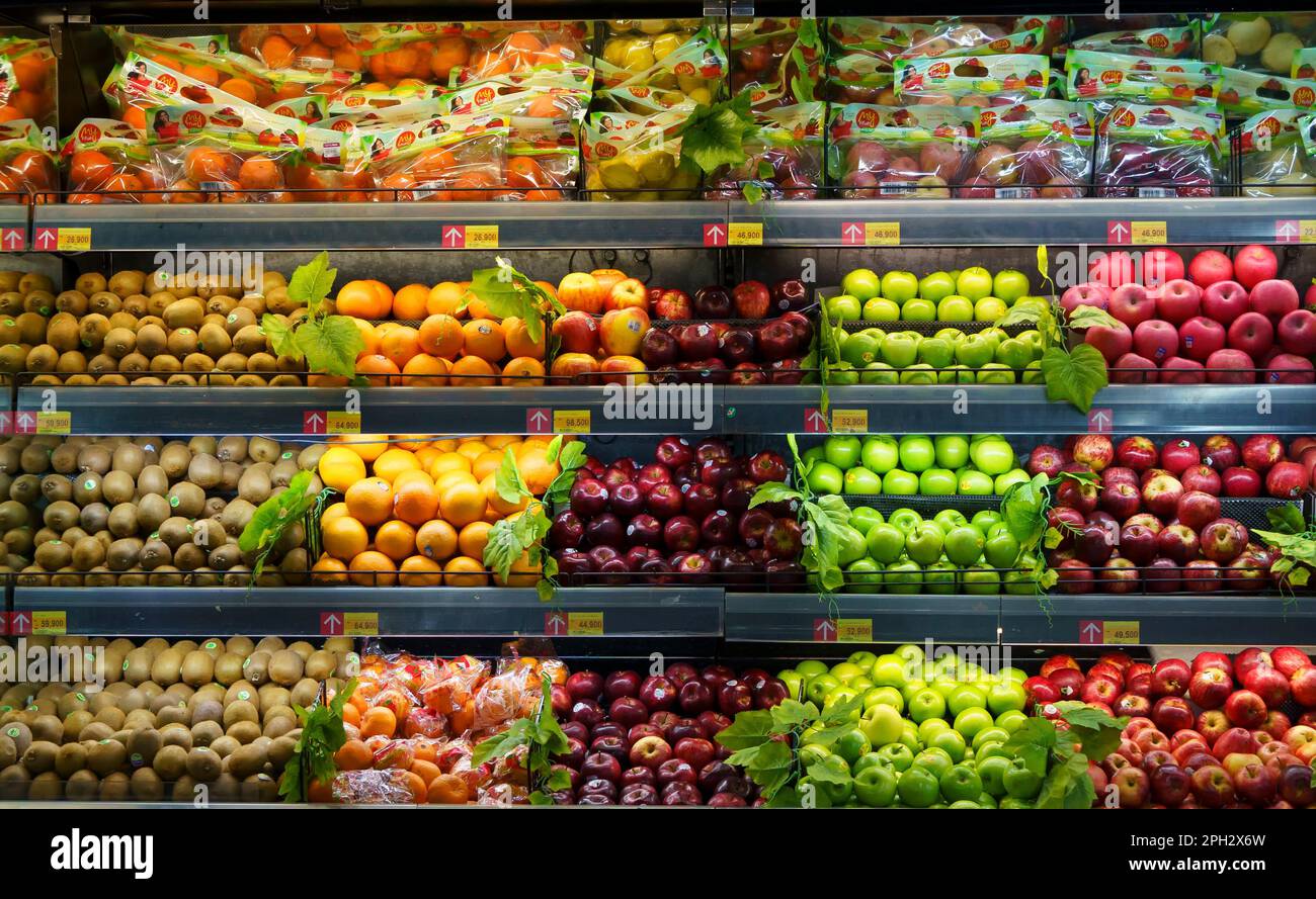 March 25, 2023. Fresh fruits and vegetables on the shelf in the