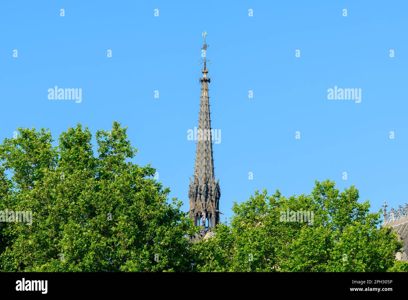 This landscape photo was taken, in Europe, in France, in ile de France, in Paris, on the banks of the Seine, in summer. We see the bell tower of the S Stock Photo
