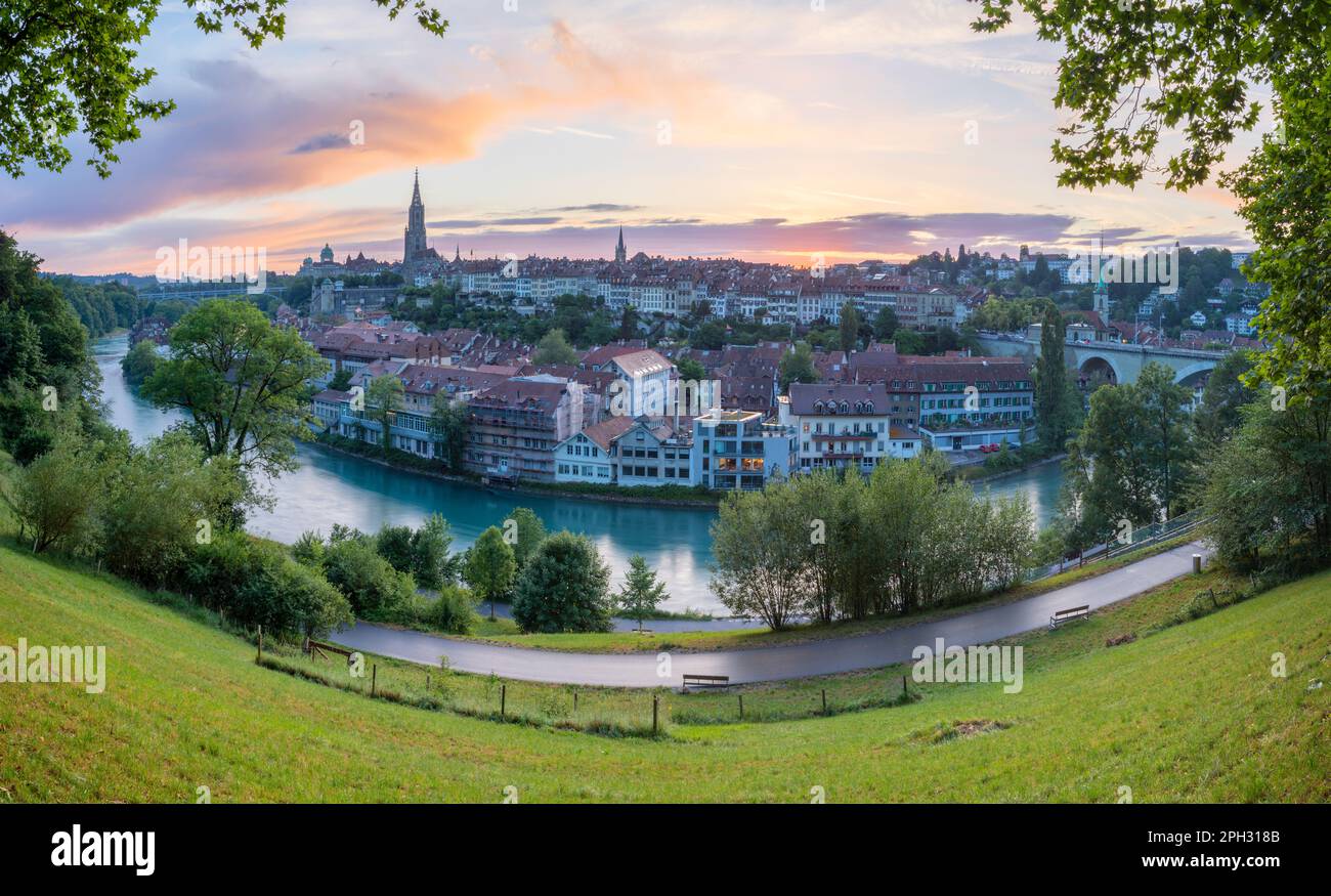 Bern - The panoramma of old town in evening dusk. Stock Photo