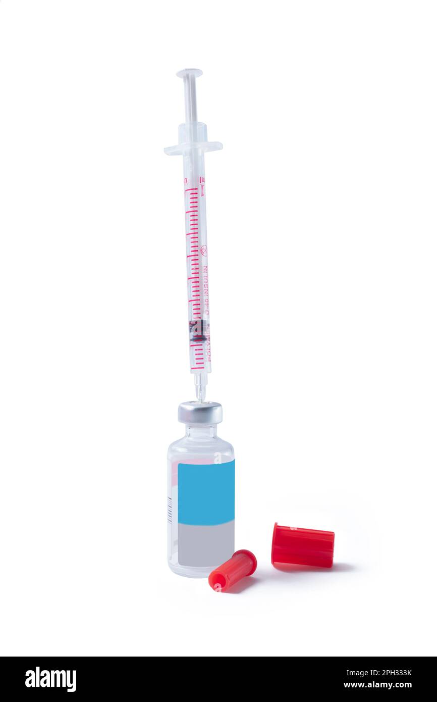 Syringe and glass vial with coronavirus vaccine on white background ...
