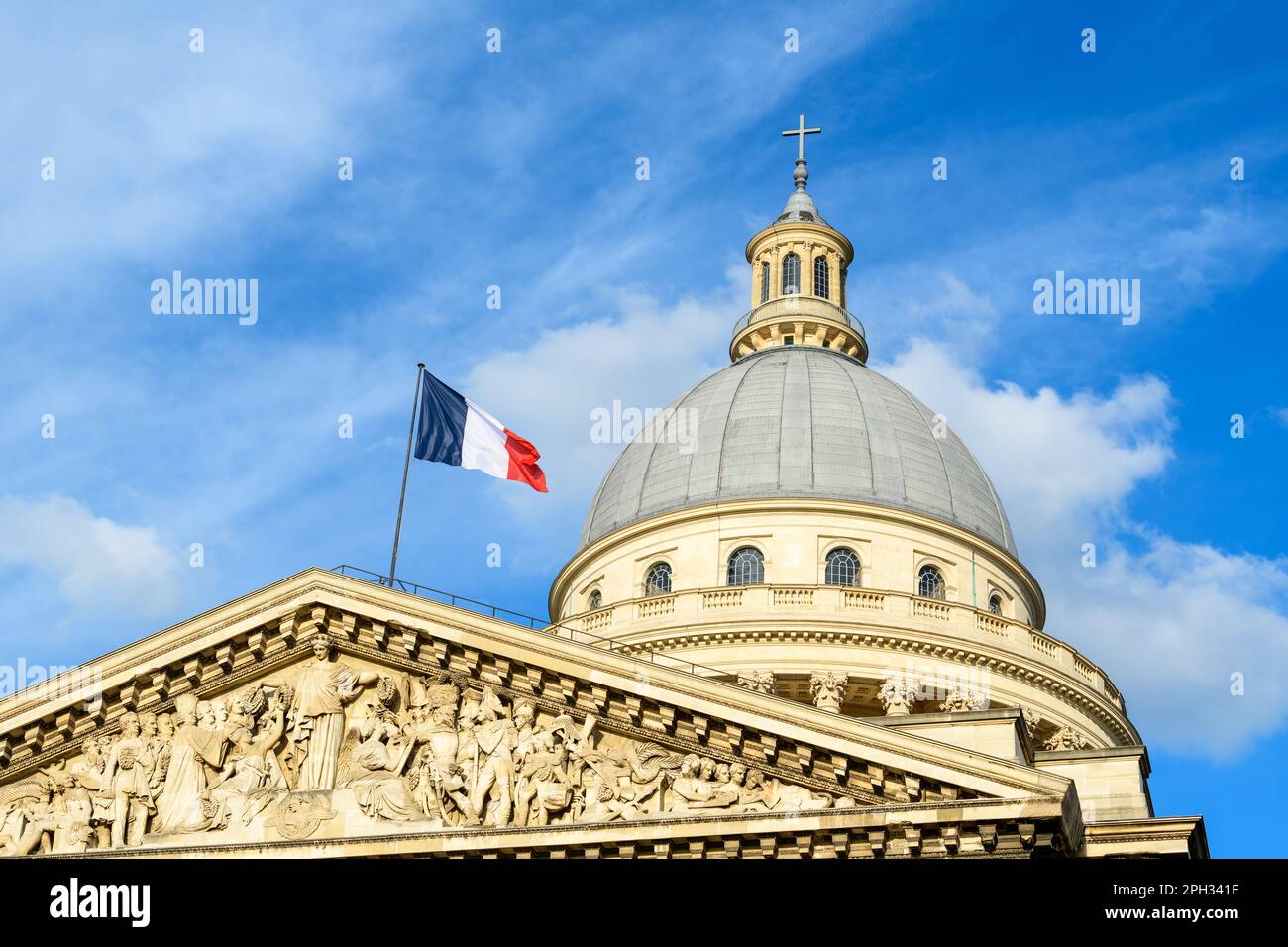 This landscape photo was taken, in Europe, in France, in ile de France, in Paris, in summer. We see the Pantheon, under the Sun. Stock Photo