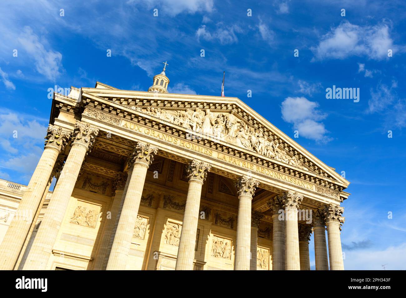 This landscape photo was taken, in Europe, in France, in ile de France, in Paris, in summer. We see the Pantheon, under the Sun. Stock Photo