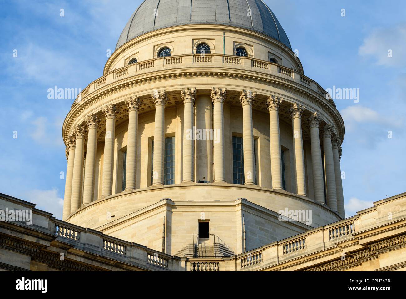 This landscape photo was taken, in Europe, in France, in ile de France, in Paris, in summer. We see the Pantheon, under the Sun. Stock Photo