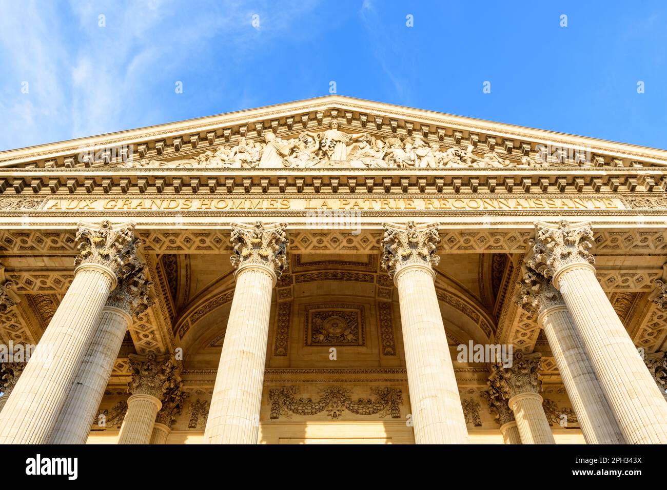 This landscape photo was taken, in Europe, in France, in ile de France, in Paris, in summer. We see the Pantheon, under the Sun. Stock Photo