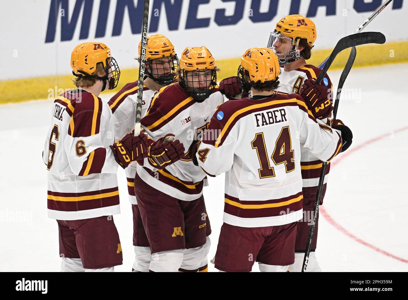 Minnesota forward Bryce Brodzinski celebrates scoring a goal during the championship game of the
