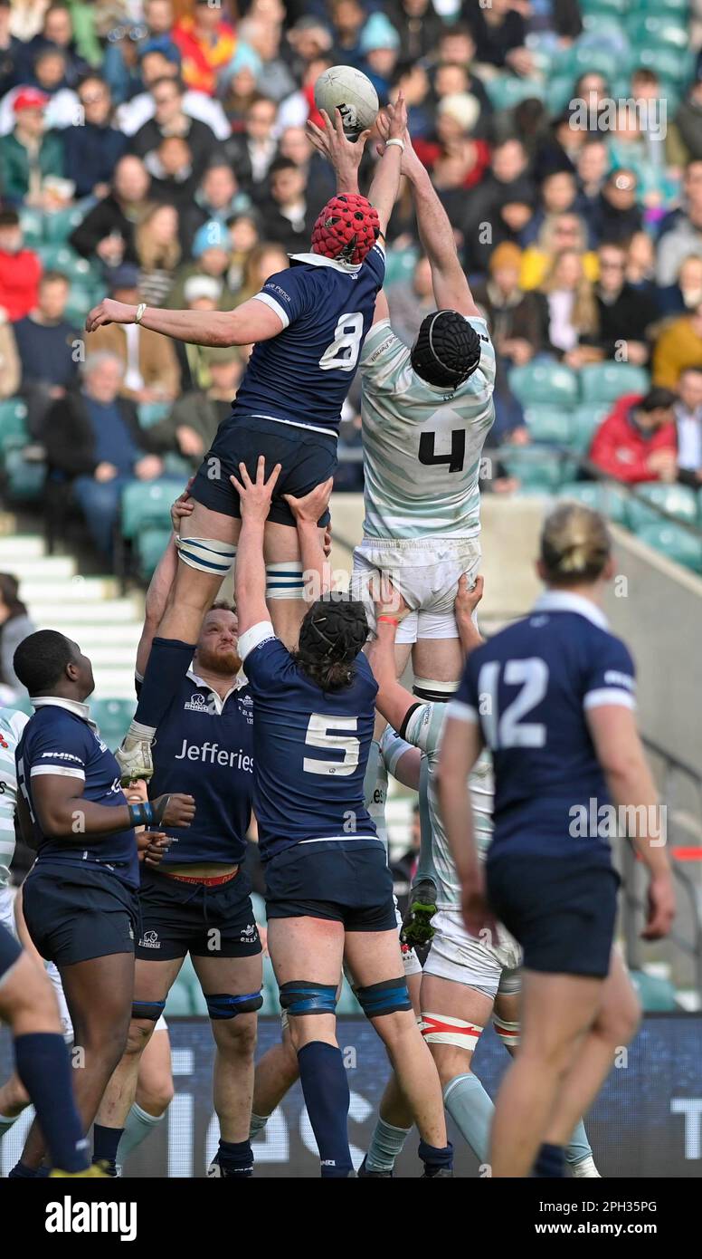 LONDON, ENGLAND March 25: Byron Hodge (Wolfson) of Cambridge  and Piers Von Dadelszen (St Edmund Hall) of Oxford goes for the ball during the Oxford University vs Cambridge University Men's Varsity match at Twickenham Stadium on Saturday March 25-2023 in London, England. Stock Photo