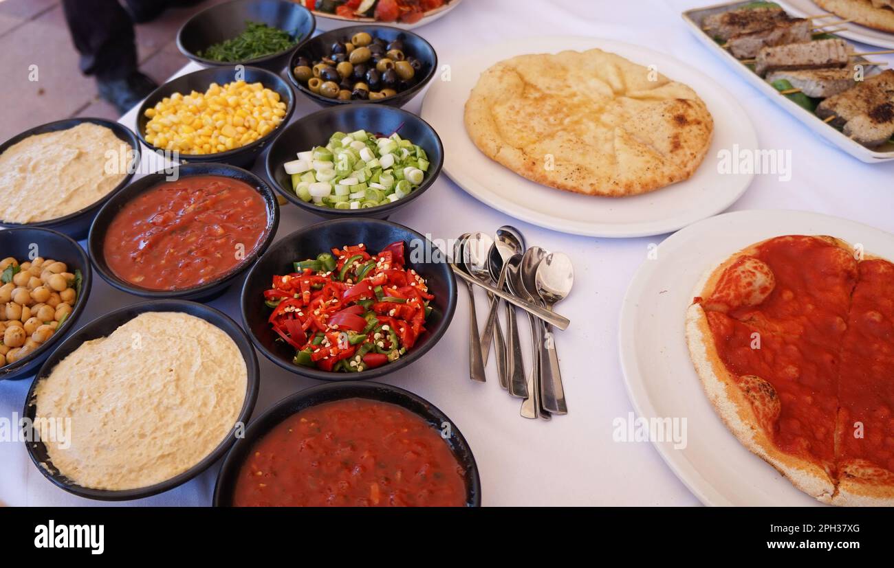 bowls of healthy food and world cuisine Stock Photo