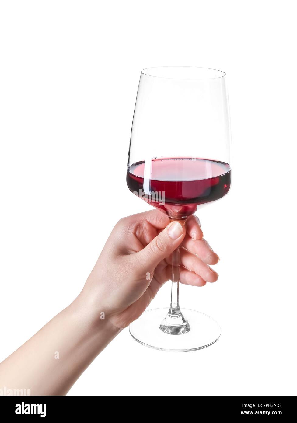 Female hand holding glass of red wine isolated on white background ...
